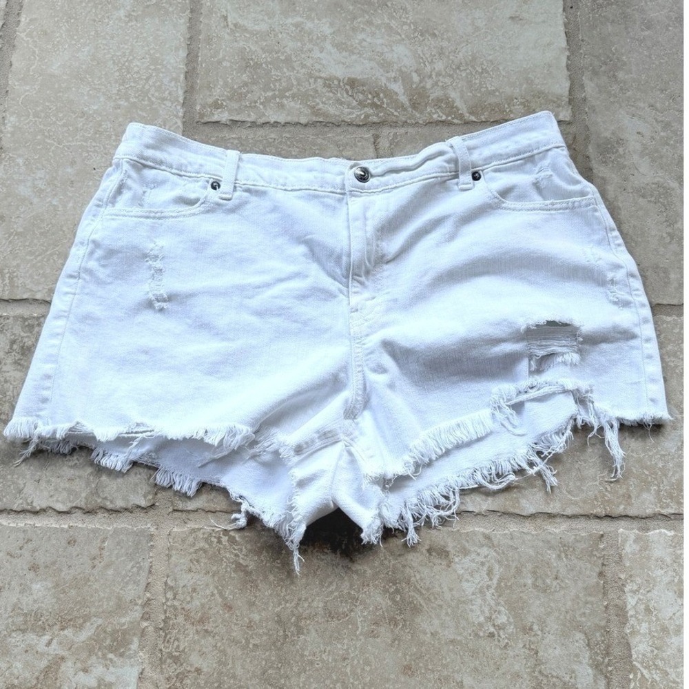 Aerie White Distressed‎ Denim Cutoff Shorts XL High Rise Frayed Hem Elastic Back